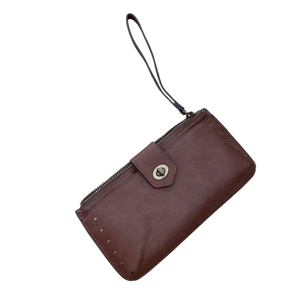 Maurices Handbags - Brown Wristlet Wallet Clutch Zip‎ Around Studded Accent Small Purse